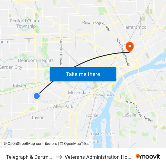 Telegraph & Dartmouth to Veterans Administration Hospital map