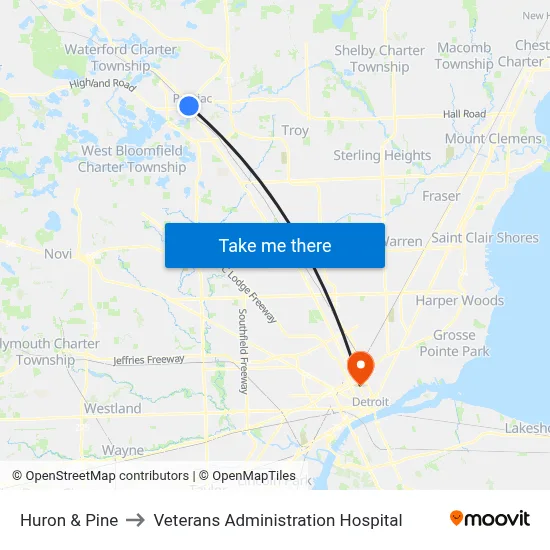 Huron & Pine to Veterans Administration Hospital map