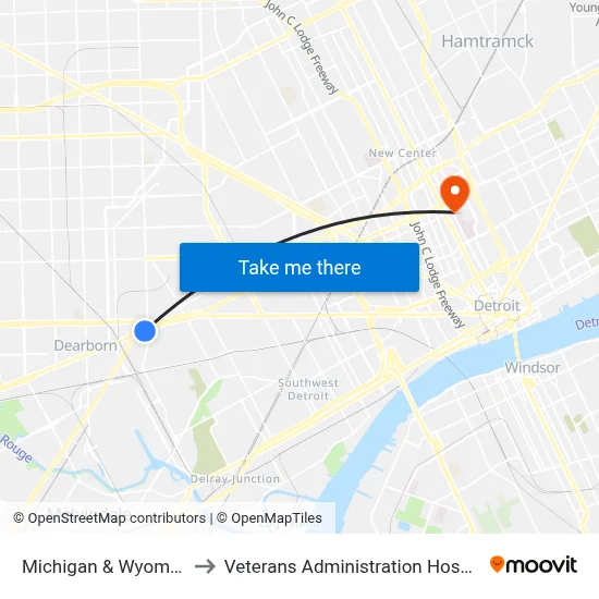 Michigan & Wyoming to Veterans Administration Hospital map