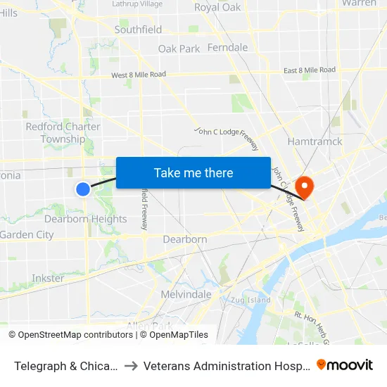 Telegraph & Chicago to Veterans Administration Hospital map