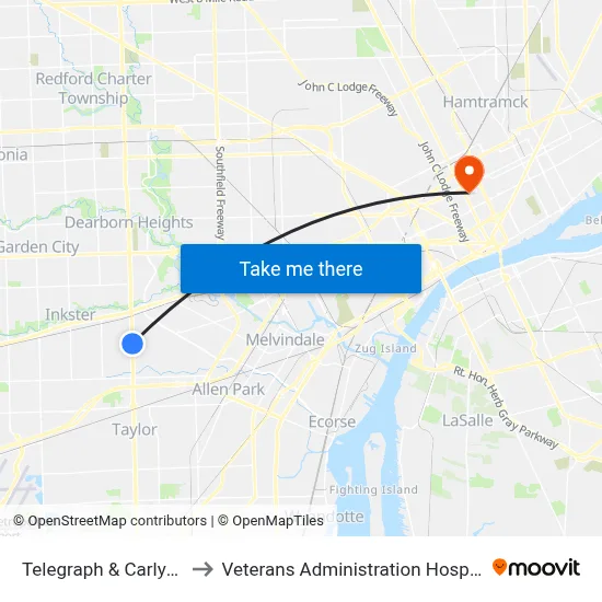 Telegraph & Carlysle to Veterans Administration Hospital map