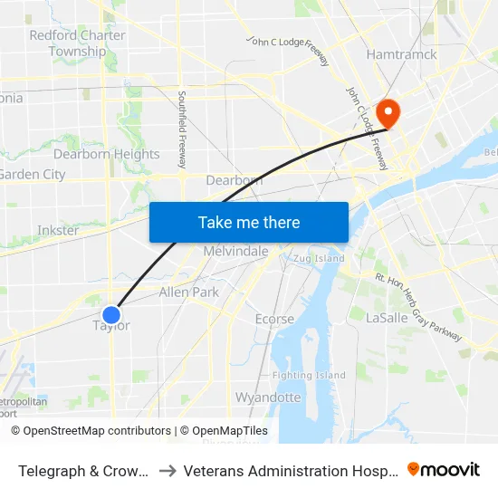 Telegraph & Crowley to Veterans Administration Hospital map