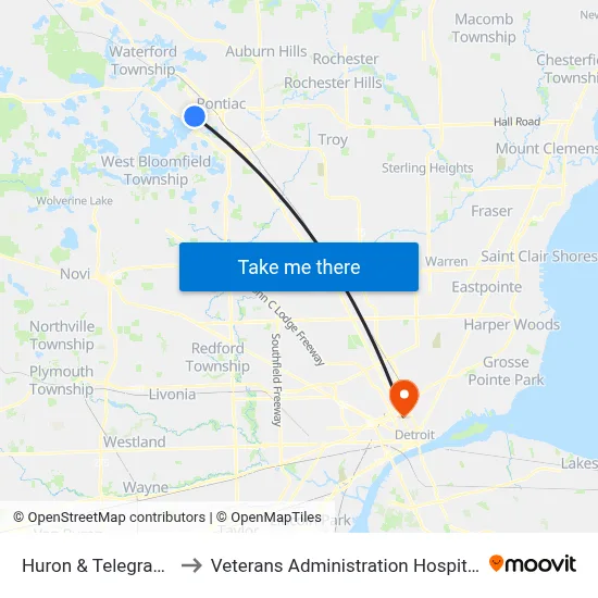 Huron & Telegraph to Veterans Administration Hospital map