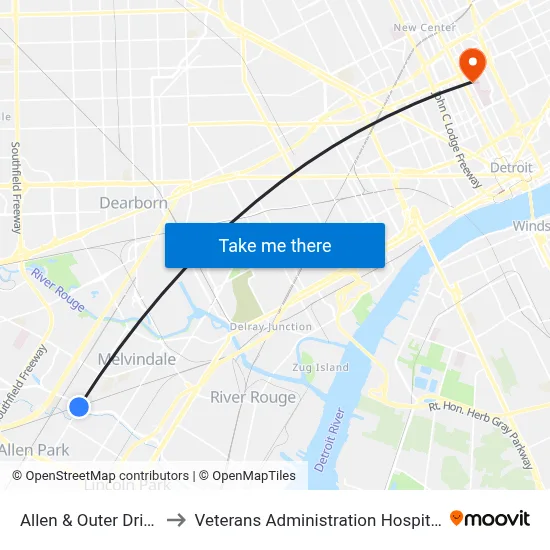 Allen & Outer Drive to Veterans Administration Hospital map