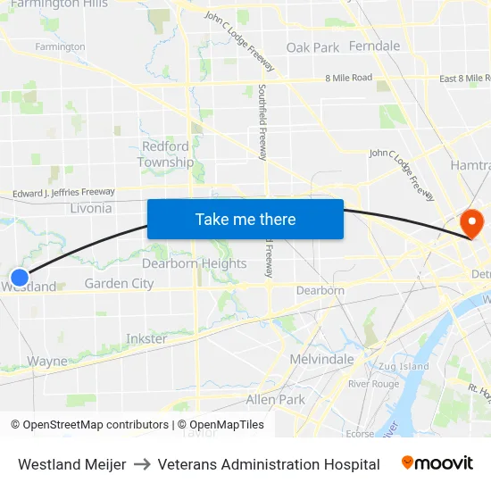 Westland Meijer to Veterans Administration Hospital map
