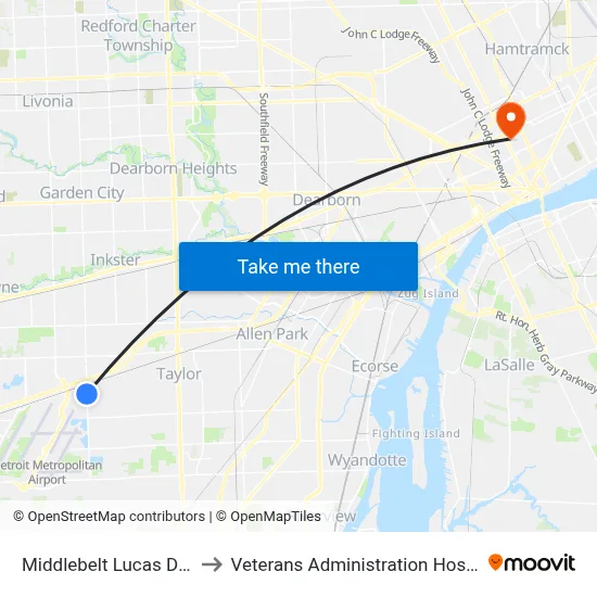 Middlebelt Lucas Drive to Veterans Administration Hospital map