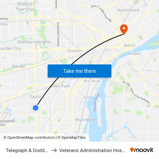 Telegraph & Goddard to Veterans Administration Hospital map