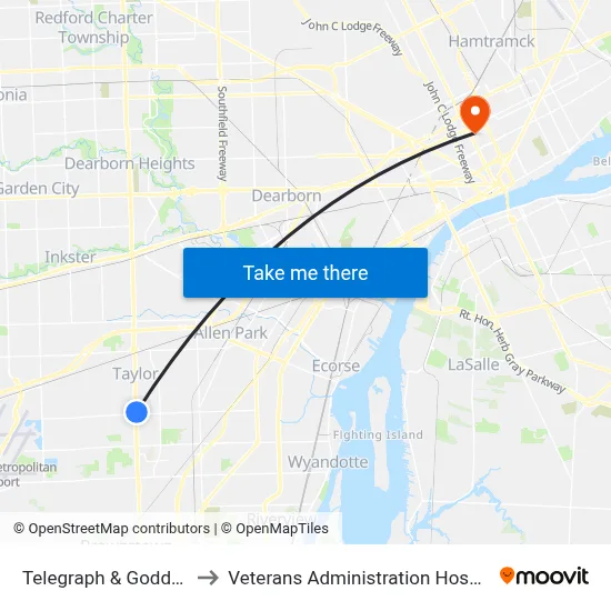 Telegraph & Goddard to Veterans Administration Hospital map