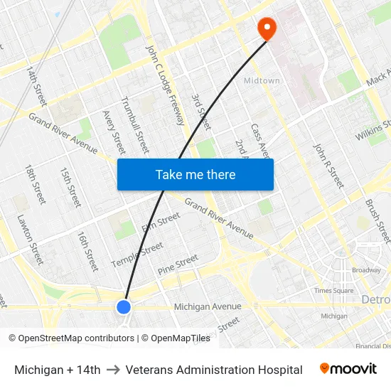 Michigan + 14th to Veterans Administration Hospital map