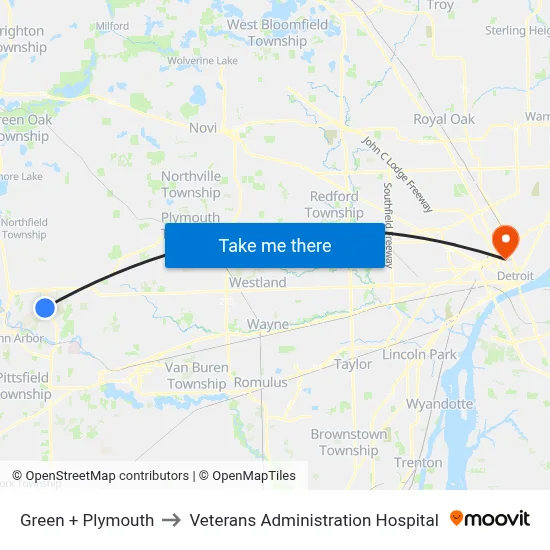 Green + Plymouth to Veterans Administration Hospital map