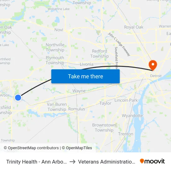 Trinity Health - Ann Arbor Hospital to Veterans Administration Hospital map
