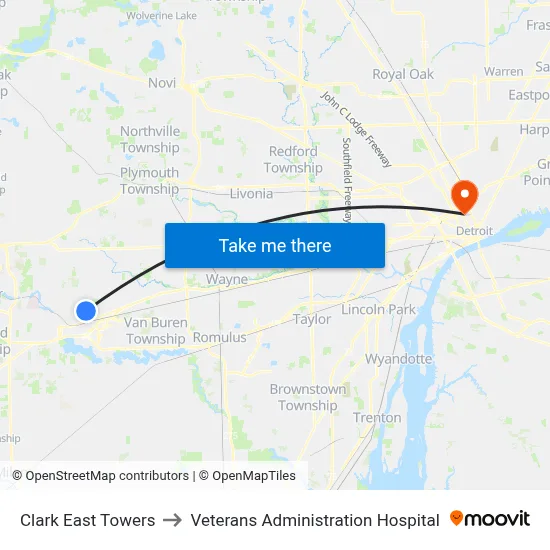Clark East Towers to Veterans Administration Hospital map