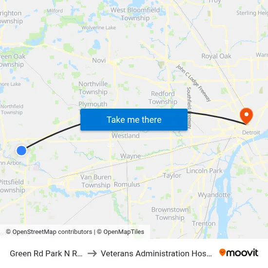 Green Rd Park N Ride to Veterans Administration Hospital map