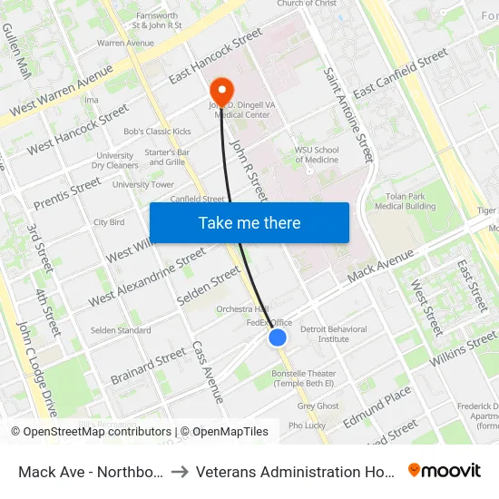 Mack Ave - Northbound to Veterans Administration Hospital map