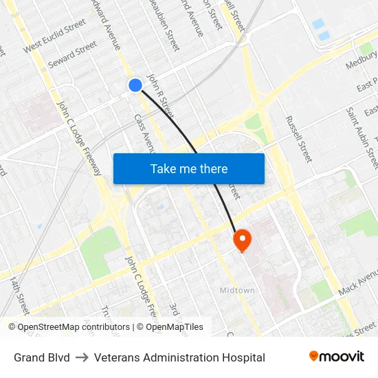 Grand Blvd to Veterans Administration Hospital map