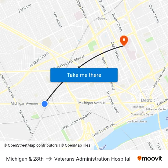 Michigan & 28th to Veterans Administration Hospital map