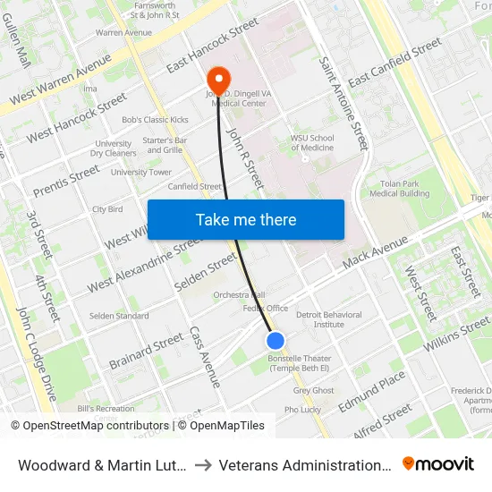 Woodward & Martin Luther King to Veterans Administration Hospital map