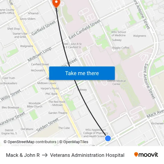 Mack & John R to Veterans Administration Hospital map