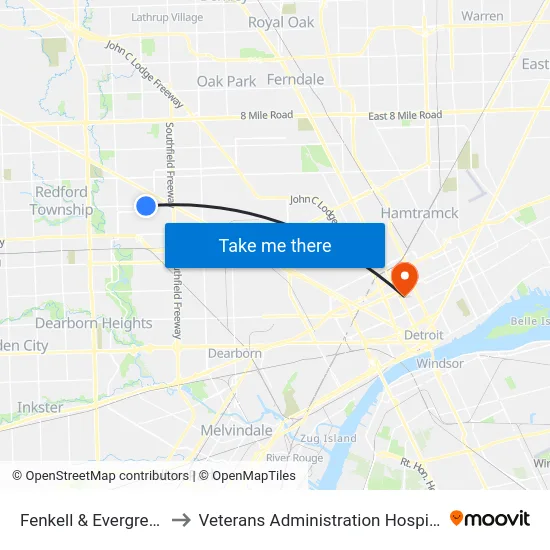 Fenkell & Evergreen to Veterans Administration Hospital map