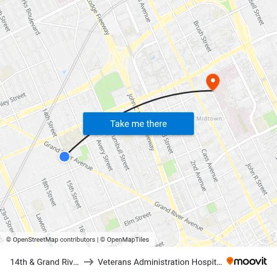 14th & Grand River to Veterans Administration Hospital map