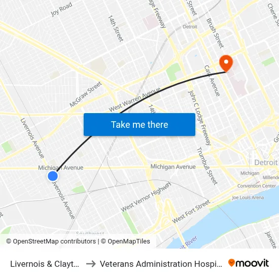 Livernois & Clayton to Veterans Administration Hospital map