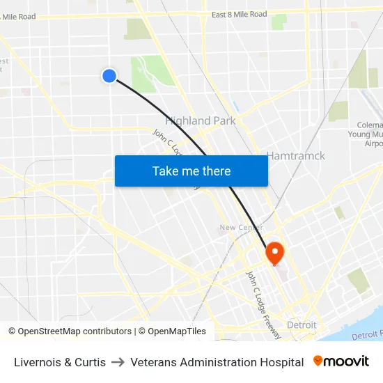 Livernois & Curtis to Veterans Administration Hospital map