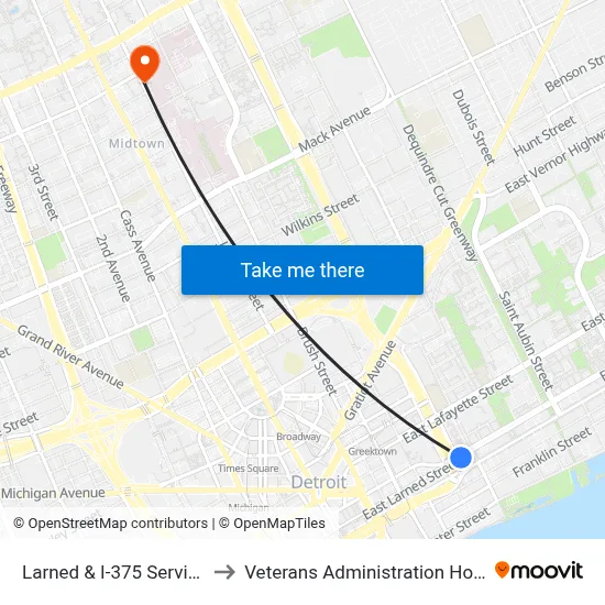 Larned & I-375 Service Dr to Veterans Administration Hospital map