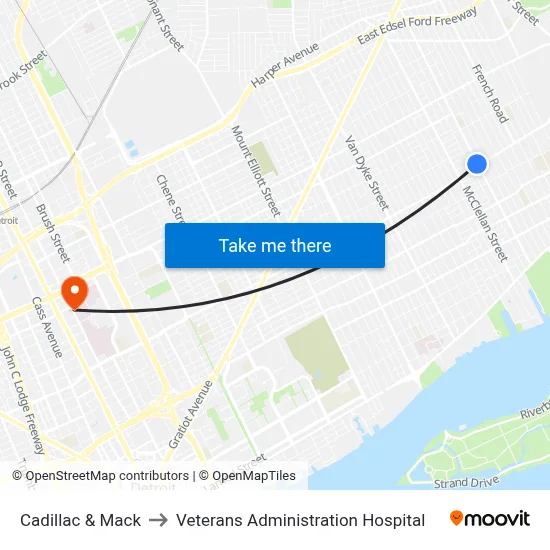 Cadillac & Mack to Veterans Administration Hospital map