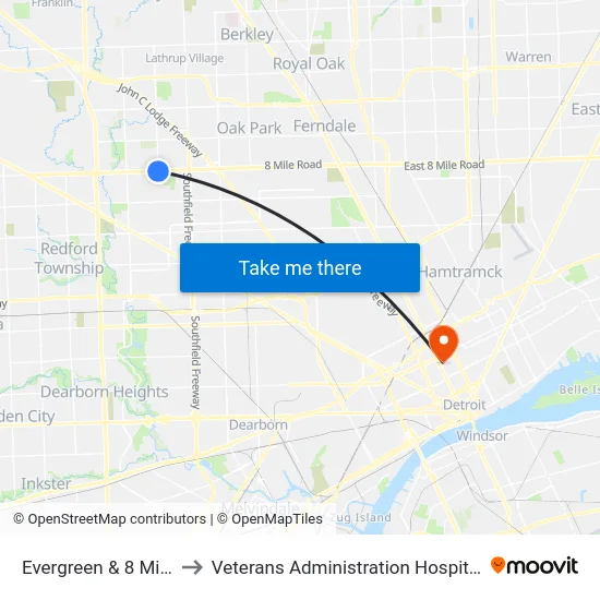 Evergreen & 8 Mile to Veterans Administration Hospital map