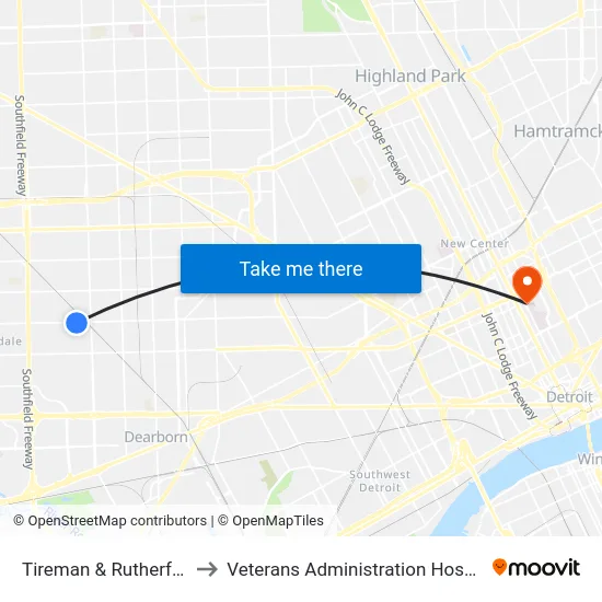 Tireman & Rutherford to Veterans Administration Hospital map