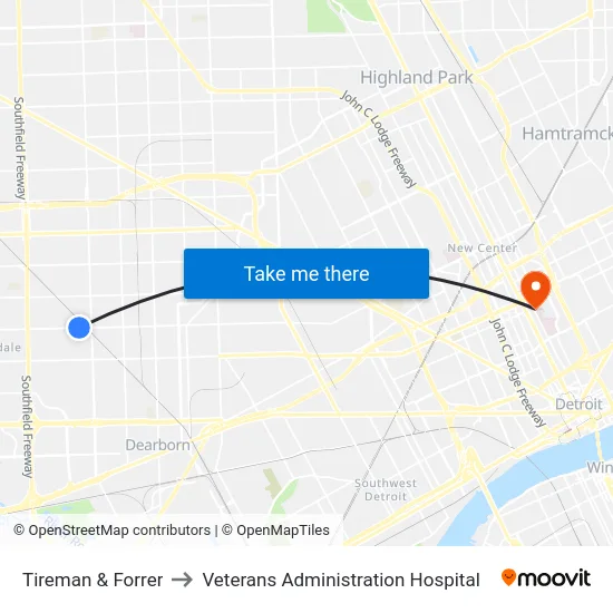 Tireman & Forrer to Veterans Administration Hospital map