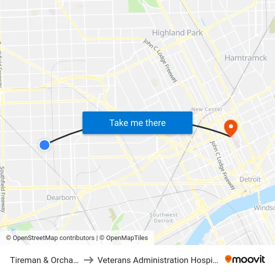 Tireman & Orchard to Veterans Administration Hospital map