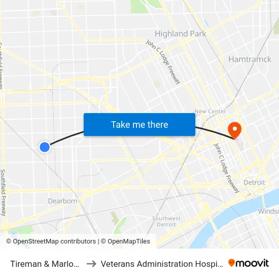 Tireman & Marlowe to Veterans Administration Hospital map