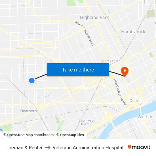 Tireman & Reuter to Veterans Administration Hospital map