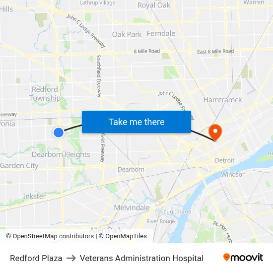 Redford Plaza to Veterans Administration Hospital map