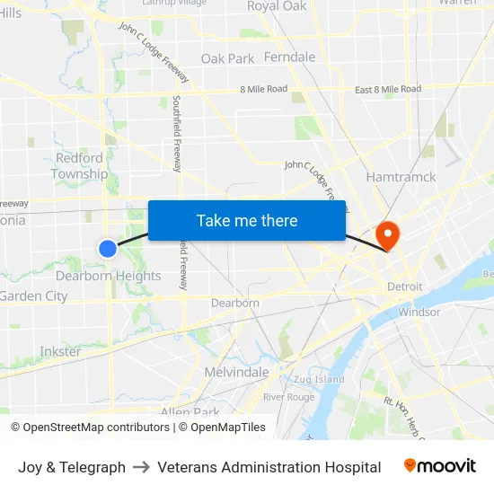 Joy & Telegraph to Veterans Administration Hospital map