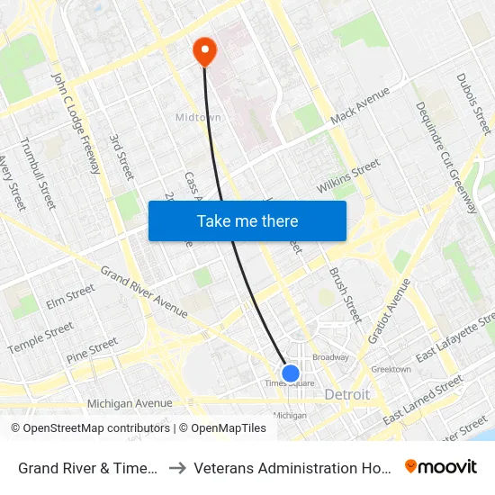 Grand River & Times Sq to Veterans Administration Hospital map