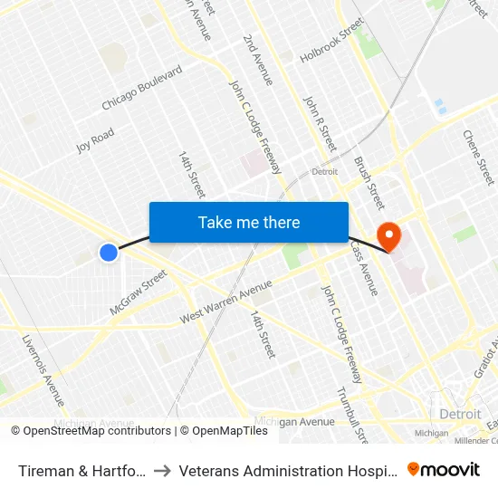 Tireman & Hartford to Veterans Administration Hospital map