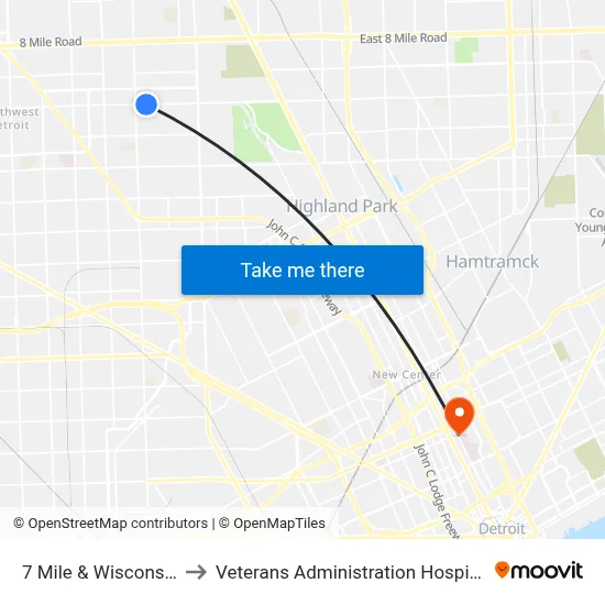 7 Mile & Wisconsin to Veterans Administration Hospital map