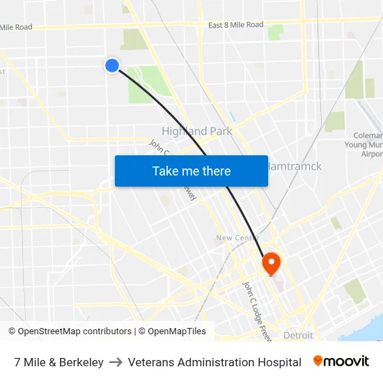 7 Mile & Berkeley to Veterans Administration Hospital map