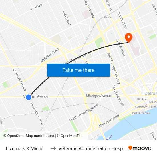 Livernois & Michigan to Veterans Administration Hospital map