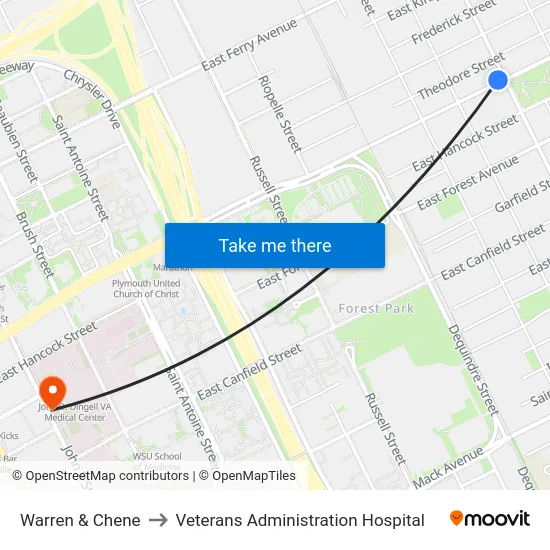 Warren & Chene to Veterans Administration Hospital map