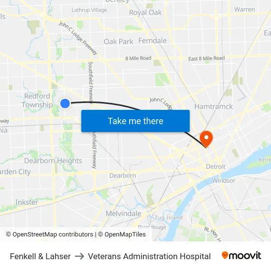 Fenkell & Lahser to Veterans Administration Hospital map