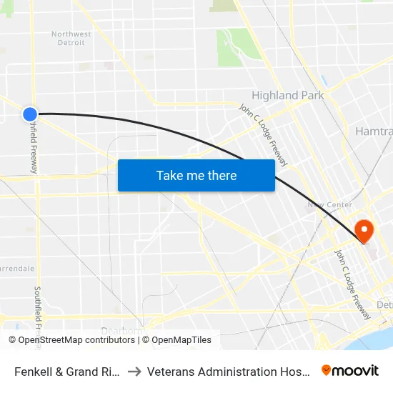 Fenkell & Grand River to Veterans Administration Hospital map