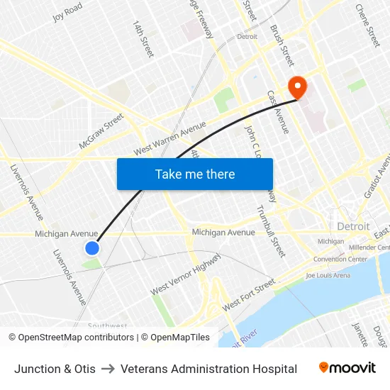 Junction & Otis to Veterans Administration Hospital map