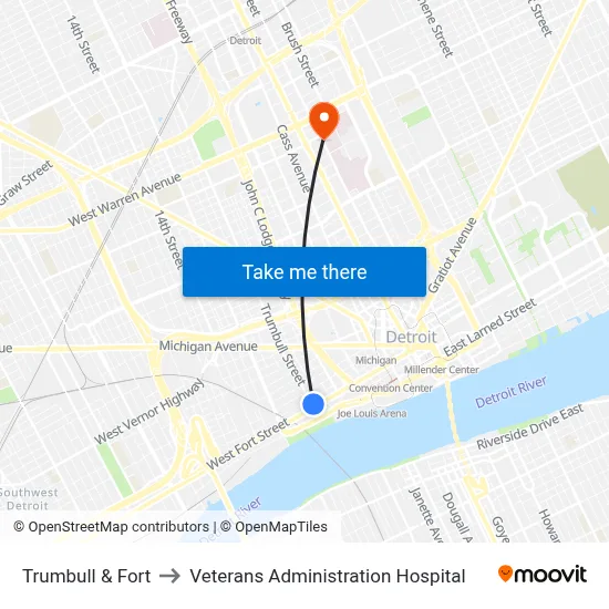 Trumbull & Fort to Veterans Administration Hospital map