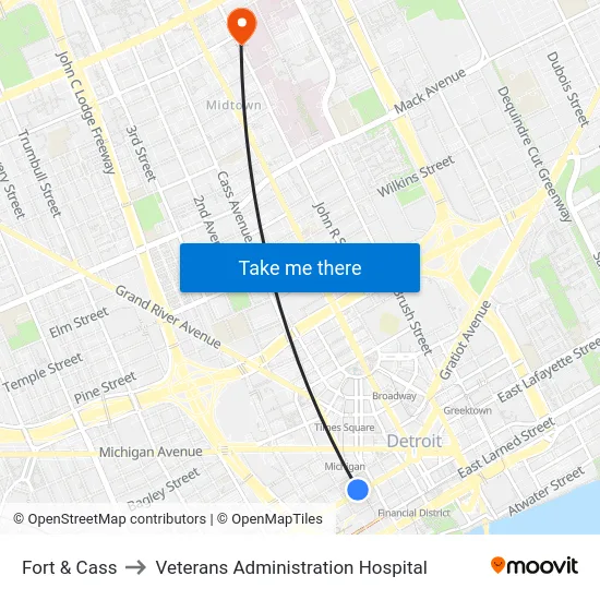 Fort & Cass to Veterans Administration Hospital map