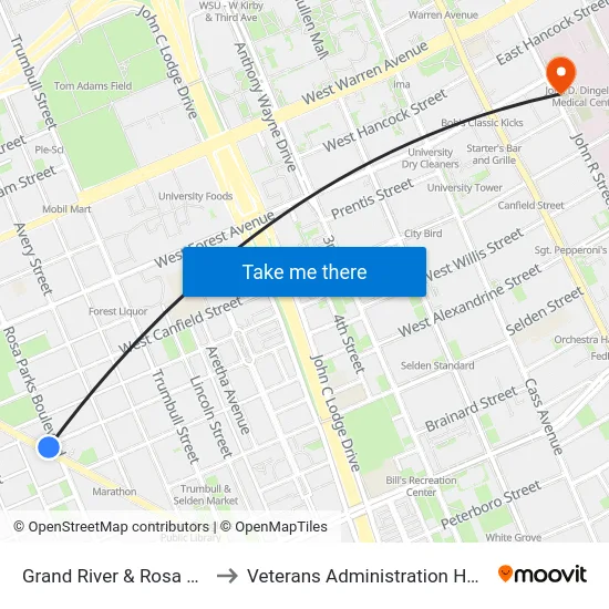 Grand River & Rosa Parks to Veterans Administration Hospital map