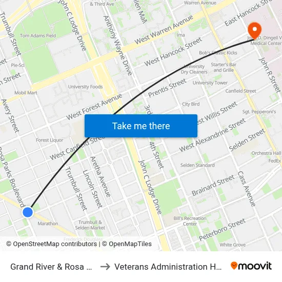 Grand River & Rosa Parks to Veterans Administration Hospital map