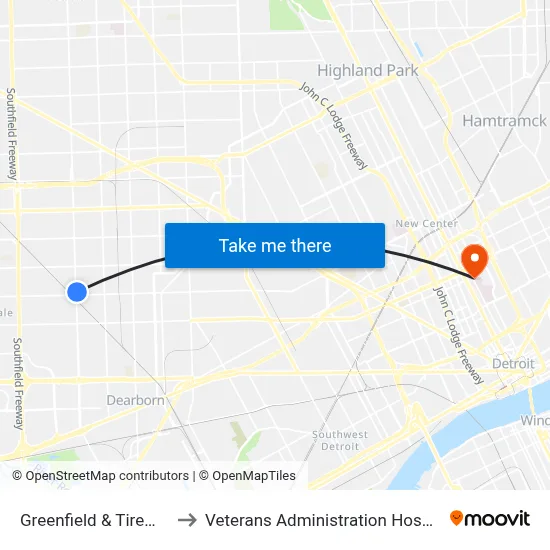 Greenfield & Tireman to Veterans Administration Hospital map